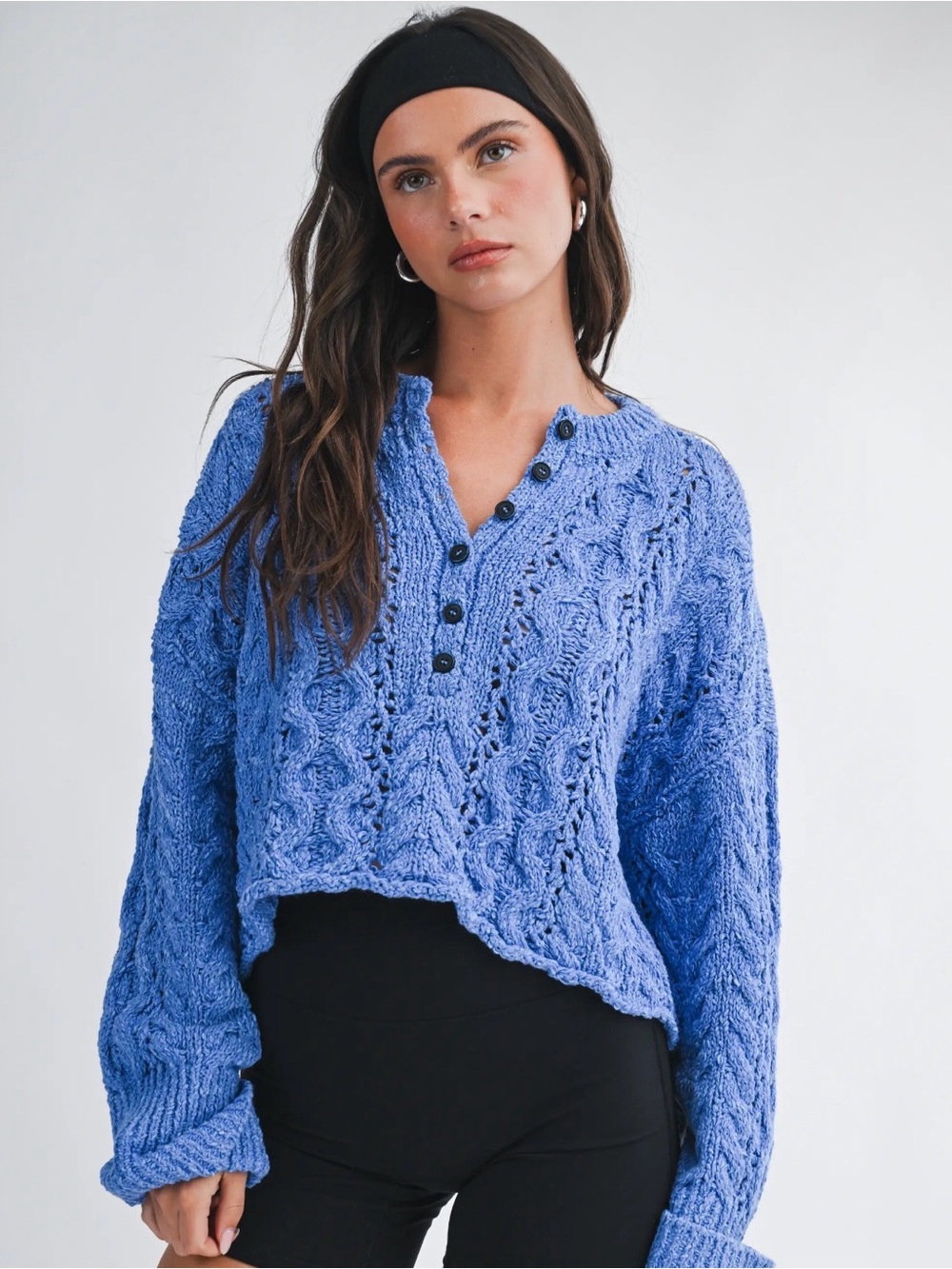 Cropped Henley Knit Sweater